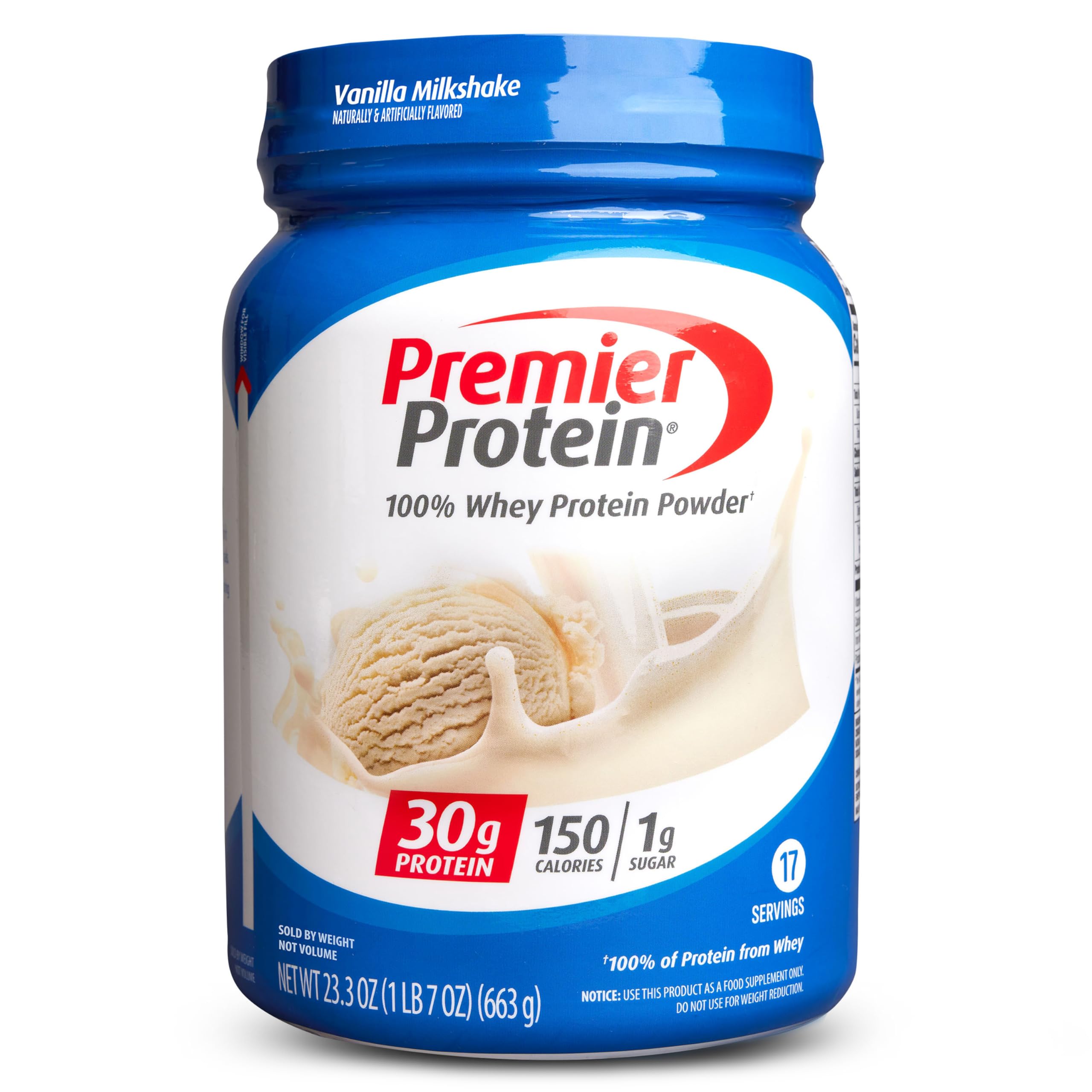 Premier Protein Powder Vanilla Milkshake, 100% Whey Protein, Keto Friendly, Gluten Free, 30g Protein, 1g Sugar, 17 Serv